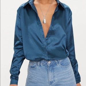 Teal Satin Button Front Shirt